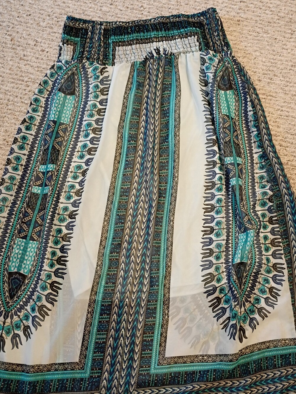 Patterned Teal & White Elastic-Waist Mini Skirt